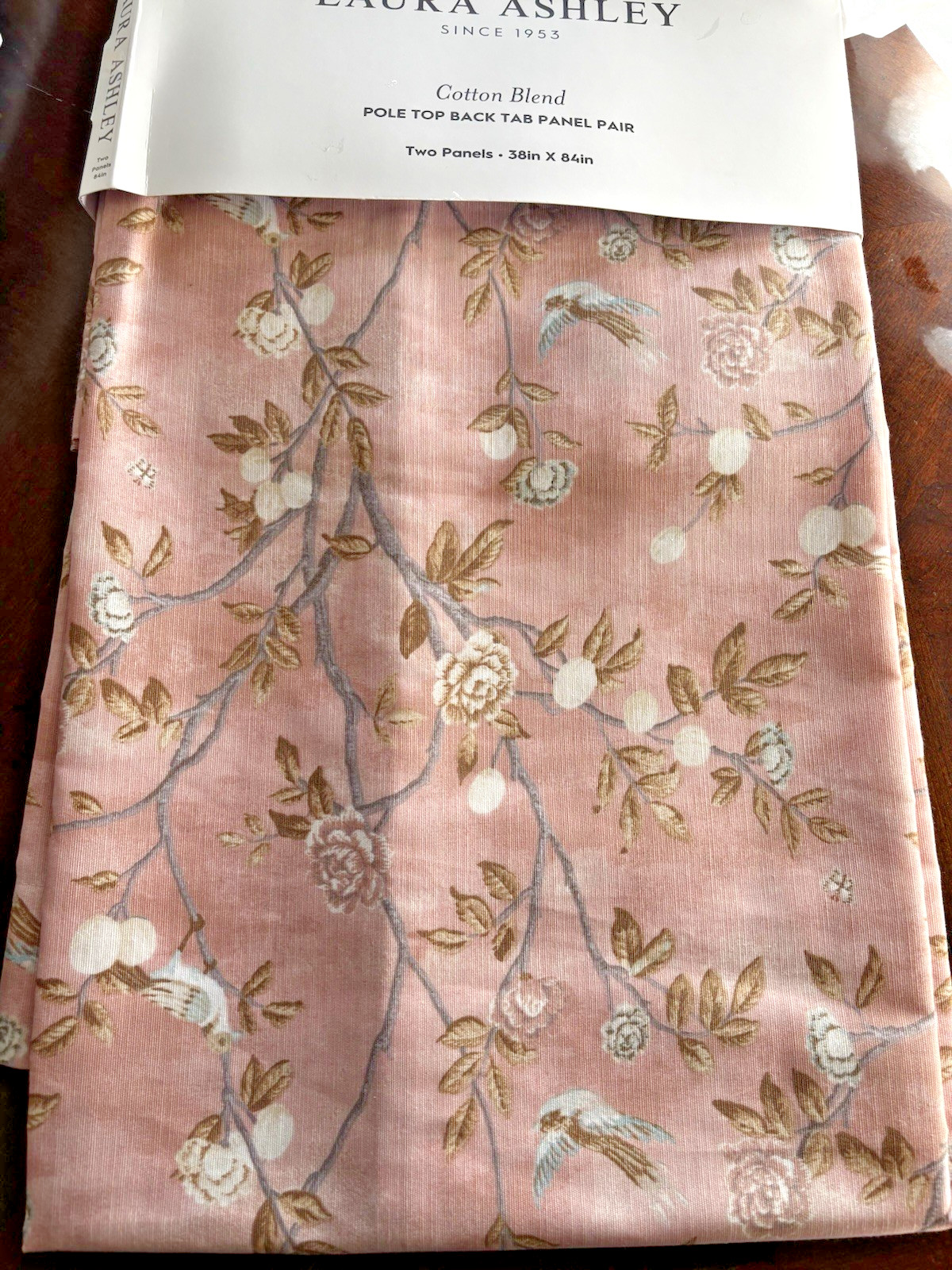 Laura Ashley Window Curtains 2 Panels 38 x 84 Birds Rose Pink Brown Back Tab New