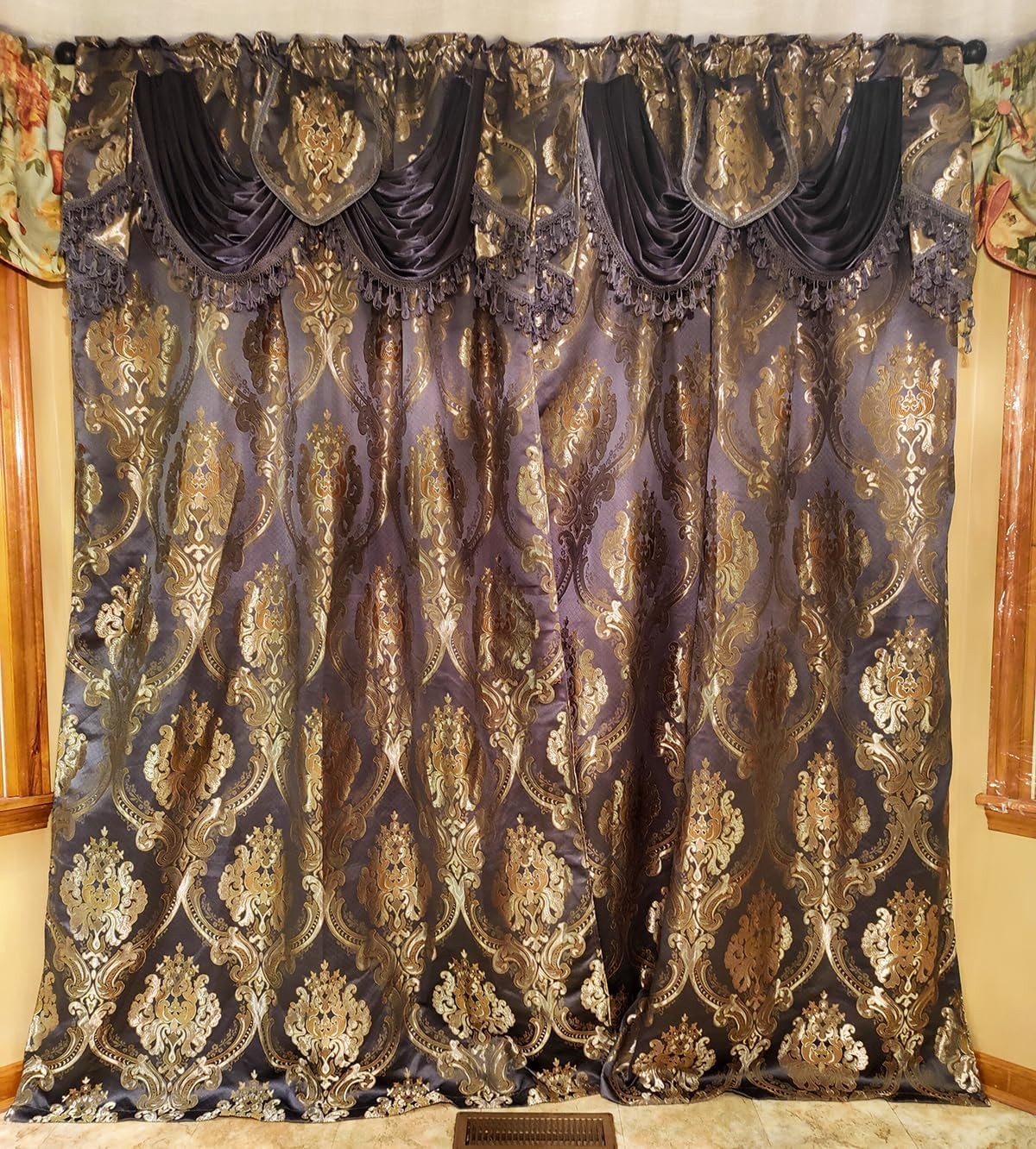 GOHD Luxe LoveJacquard Window Curtain Panel Drape with Attached Fancy Valance 2P