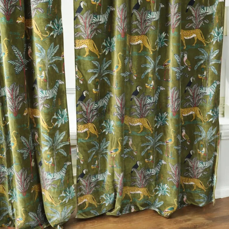 Green Velvet Curtain Drape Window Decor Door Curtain Blackout Luxury Curtain
