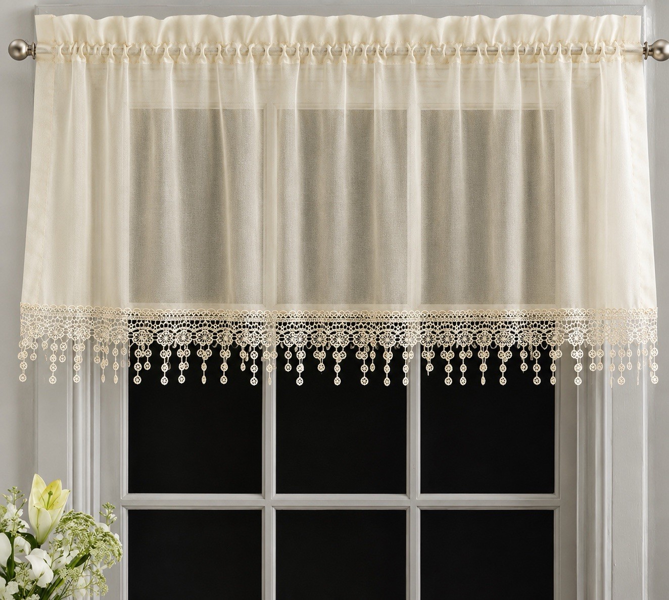 Mainstays Set of 4 Ivory Sheer Lace Valances Rod Pocket 50 X 21.25 Farmhouse