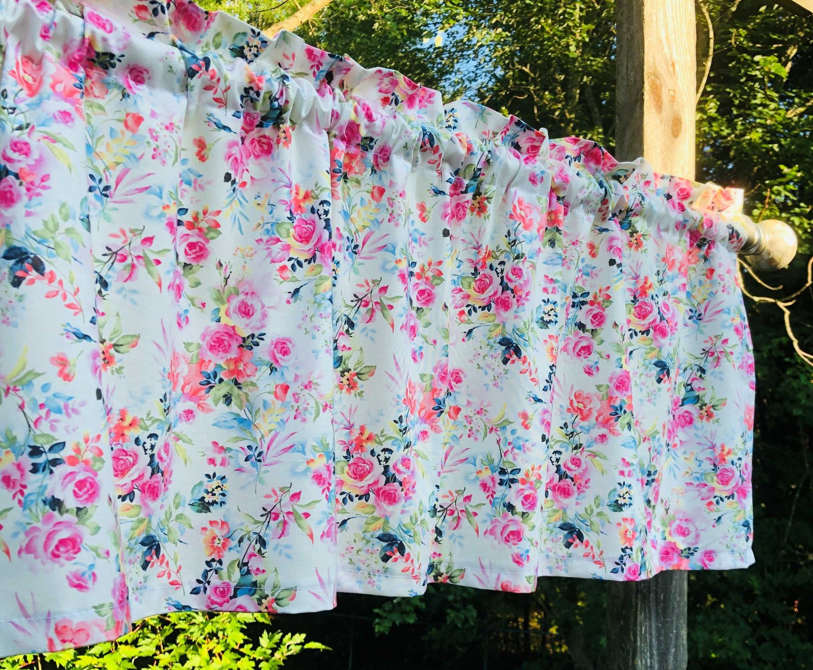 Pink Roses Floral Valance Flower Bouquet on White Kitchen Farmhouse Curtain
