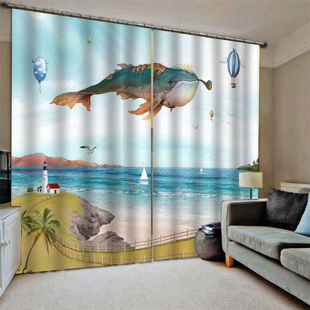 Blue Ugly Fish Parachute Blue Sky Printing 3D Blockout Curtains Fabric Window