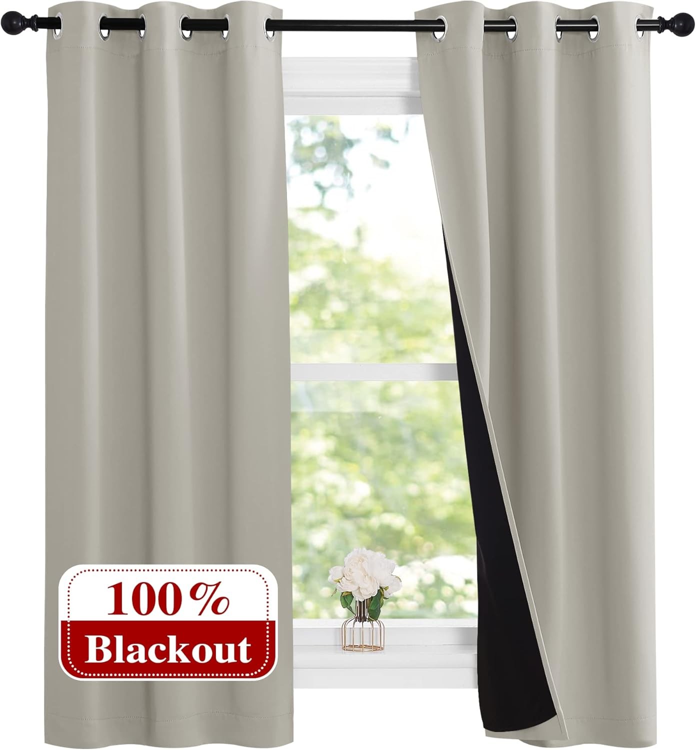 Natural 100% Blackout Lined Curtains 1 Pair 37″ Width x 60″ Length Each Panel 2