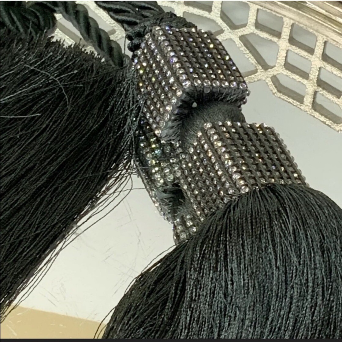 Drape Curtain Tie Backs Rhinestones Dark Gray Long Hollywood Regency #20