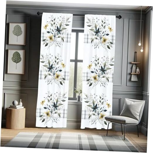Floral Window Curtains, Minimalist Design Cozy Neutral Farmhouse Plaid with