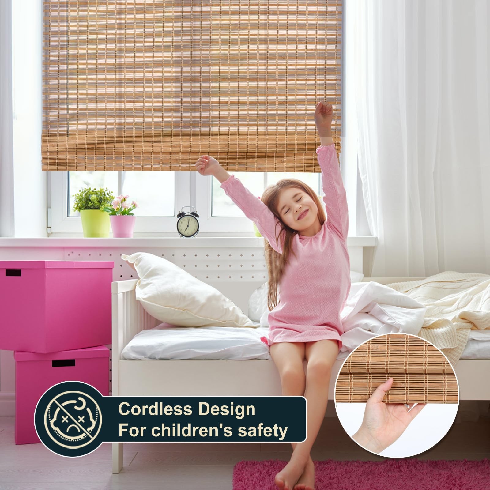 Cordless Wood Window Blinds, Bamboo Sheer Light Filtering Woven Roman Shades,…