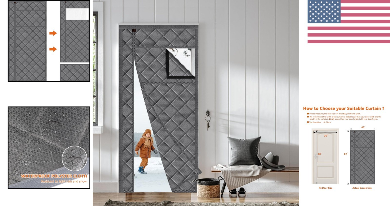 Detachable Magnetic Thermal Insulated Door Curtain 36″ x 80″ – Gray Elegance