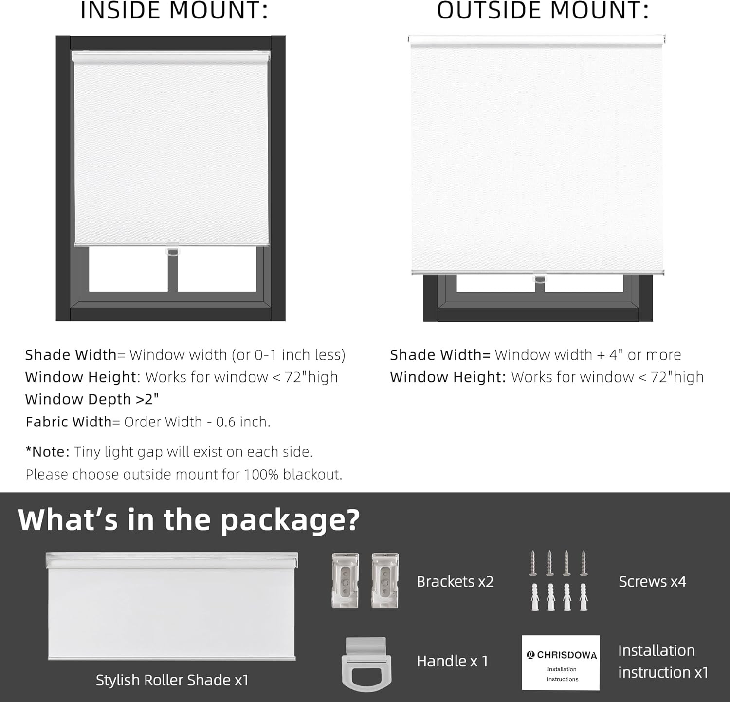 Cordless 100% Blackout Roller Blinds, White, 48″ W x 72″ H, UV Protection