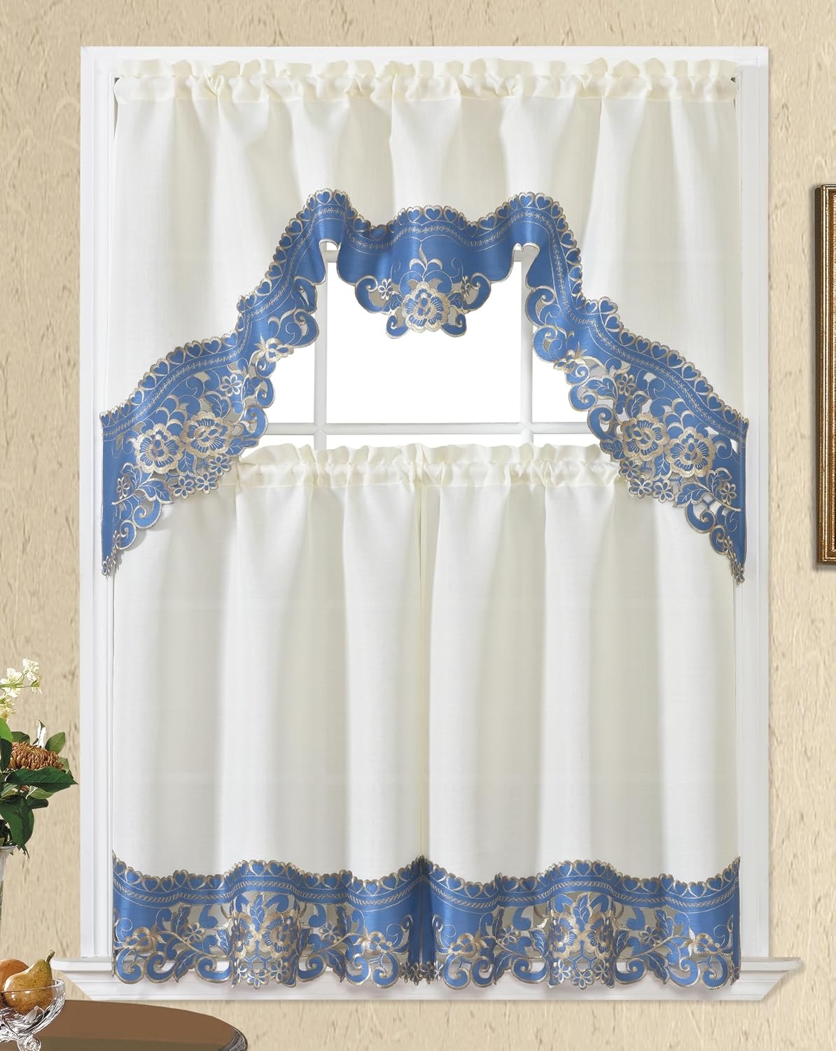 GOHD Arch Rosarium 3pcs Kitchen Curtain Set, Elegant Ivory Fabric with Rose Embr