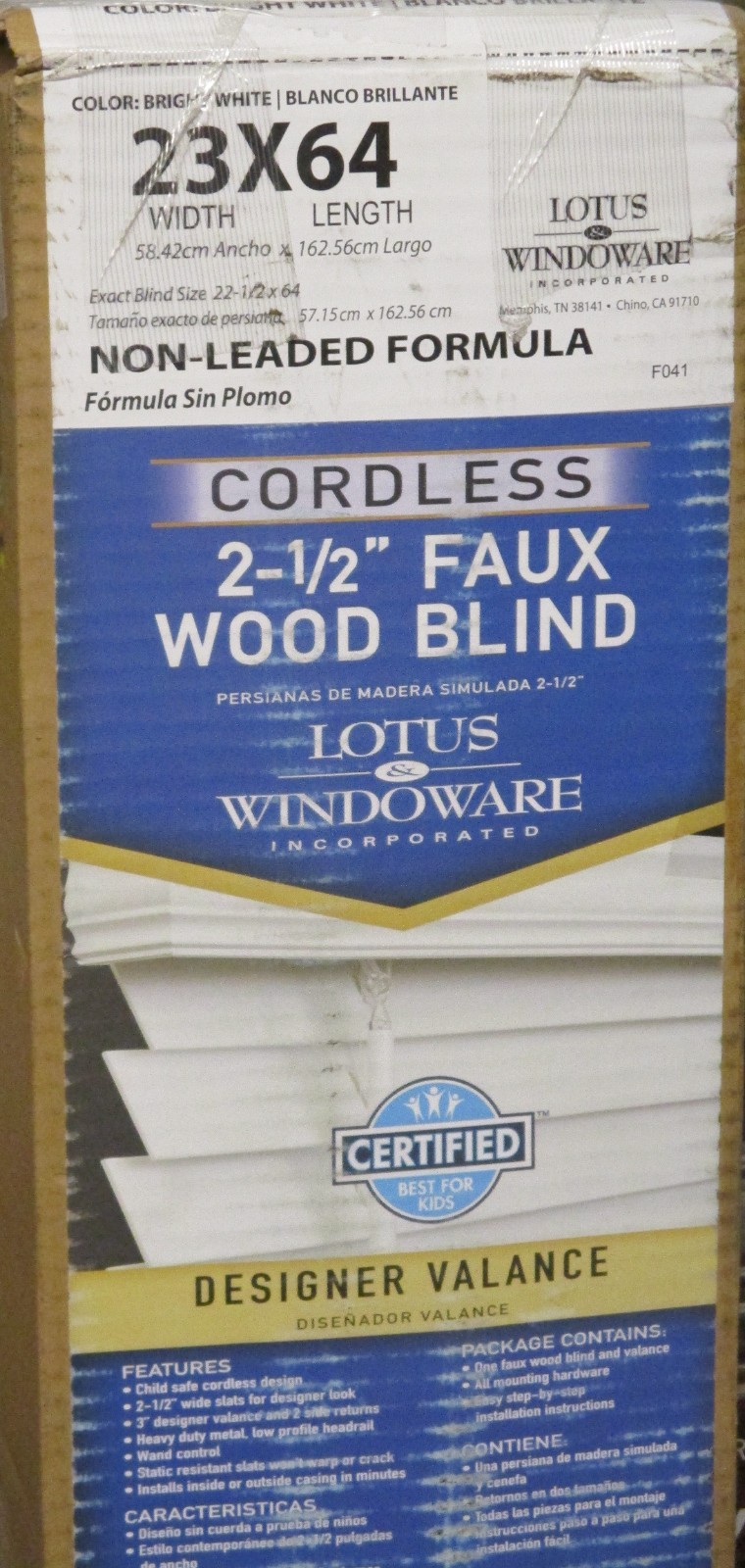 Lotus & Windoware 2 1/2 in Cordless Faux Wood Blind 23″ x 64″ Bright White NICE!
