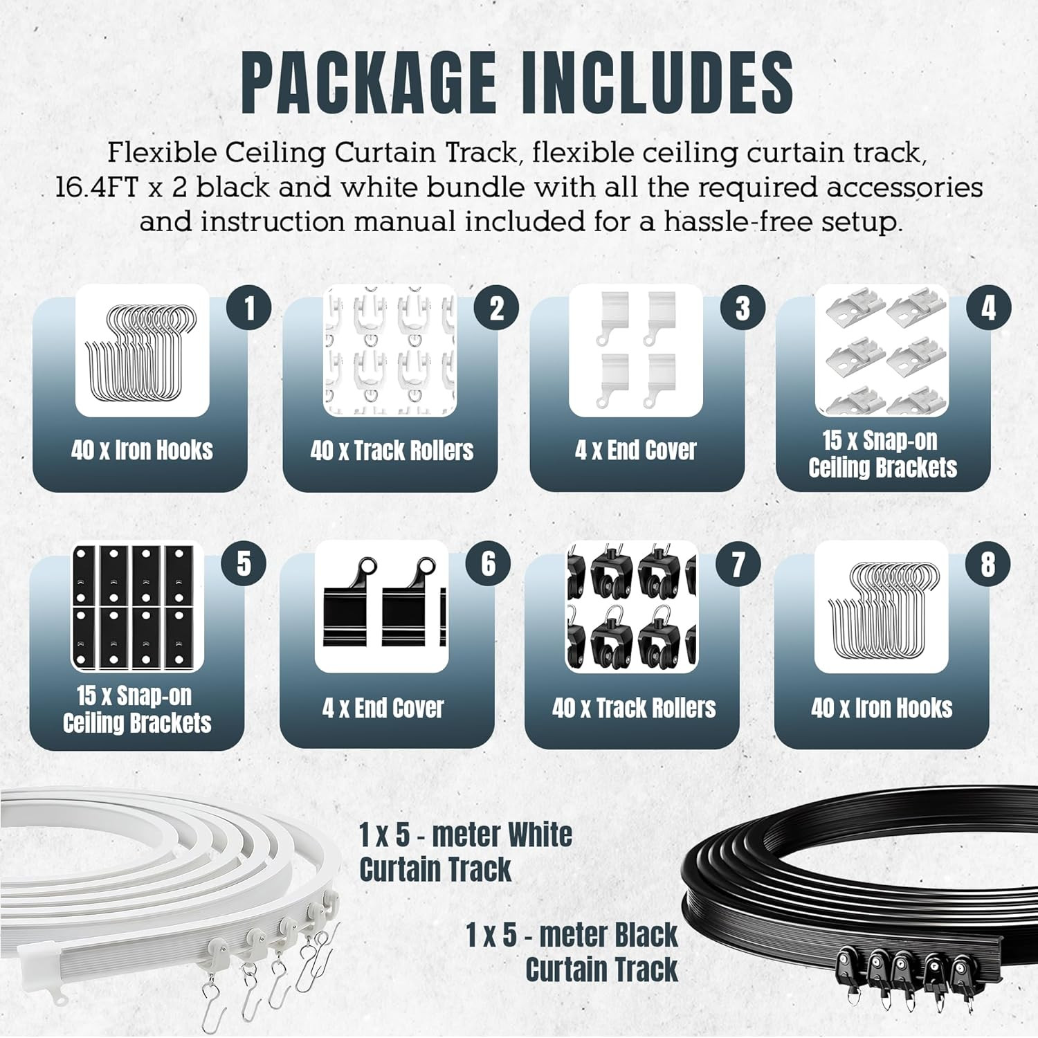 Flexible Bendable Ceiling Curtain Track, 16.4FT Black & White Bundle, Ceiling Mo