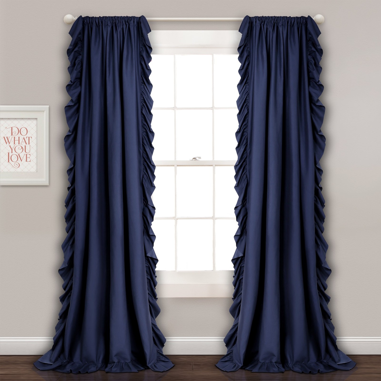 Reyna Ruffle Window Curtain Set, Pair, 137.2cm W x 213.4cm L, Navy Blue, Fl…