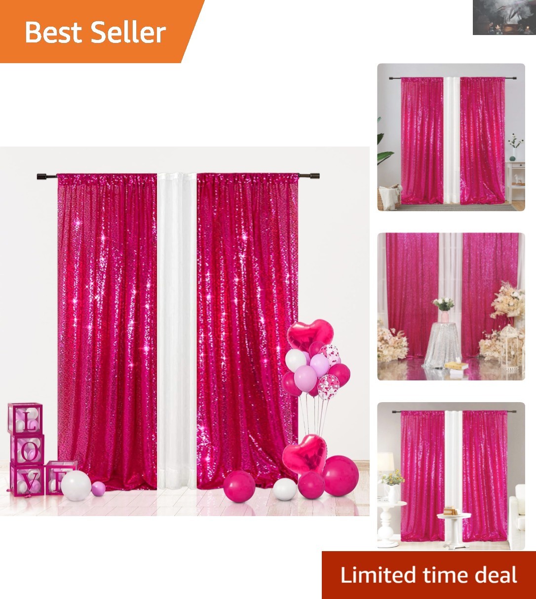 Hot Pink Shimmer Sequin Curtain Set – 2FTx8FT for Birthday, Wedding, Photography