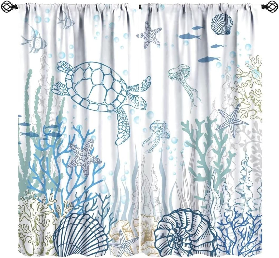 Nautical Turtle Curtains, Coastal Sea Ocean Theme Coral Starfish Seashell Jellyf