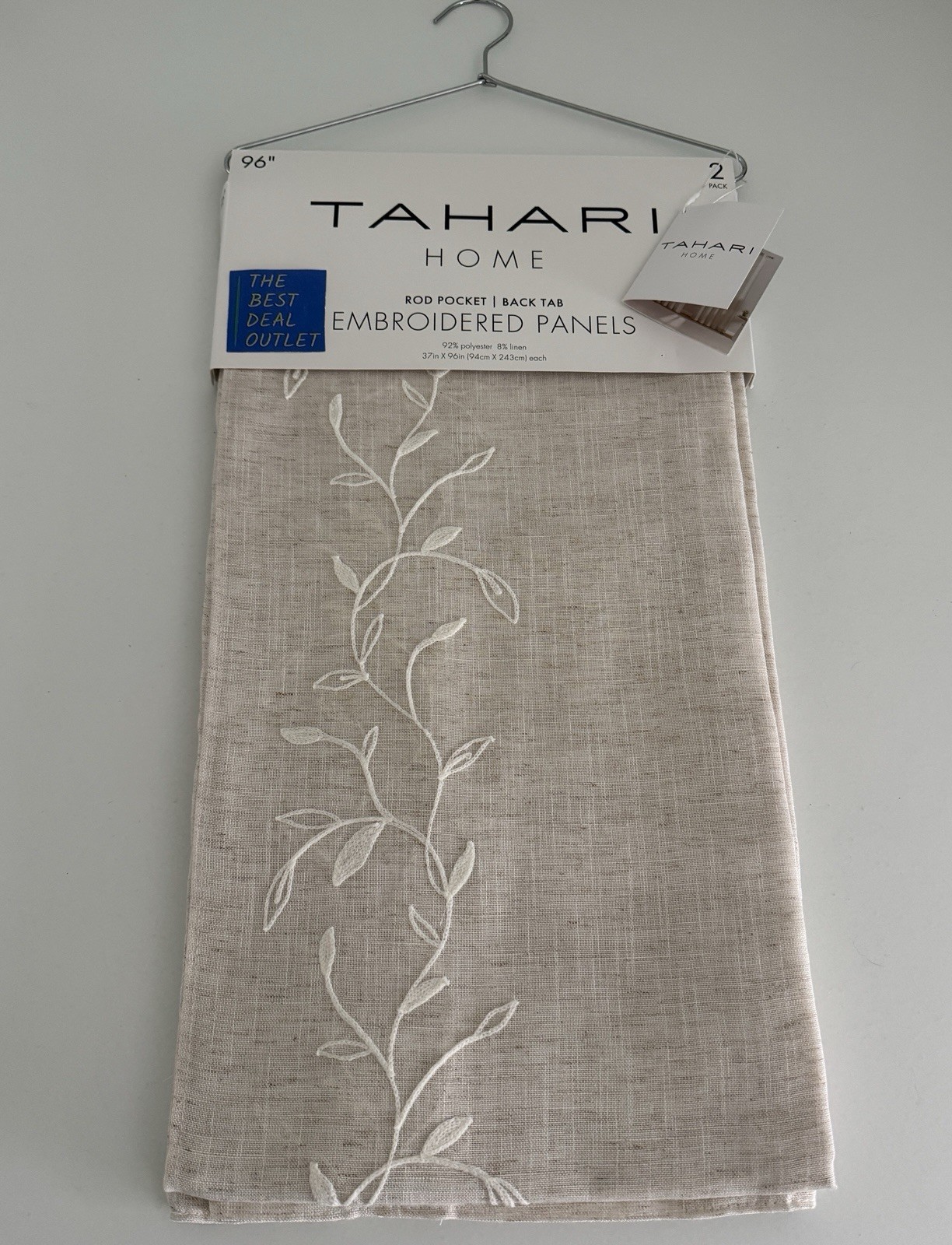 New TAHARI Window Curtains 2 Panels Beige 37 x 96 Linen Embroidered Back Tab