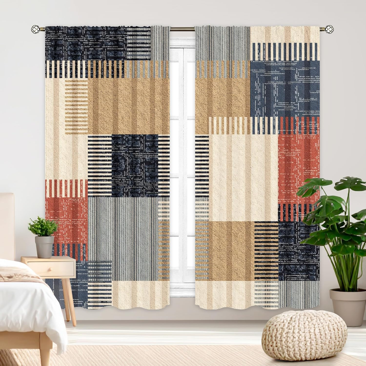Abstract Patchwork Curtains 42Wx63H Inch Rod Pocket Colorful Boho Modern Color B