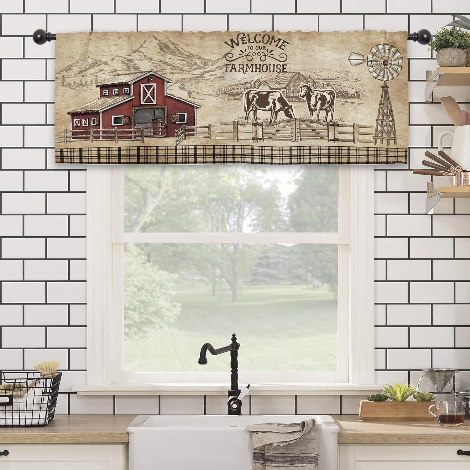 Farmhouse Farm Rustic Kitchen Curtain Valance 54W x 18L Inch Vintage Country Cow