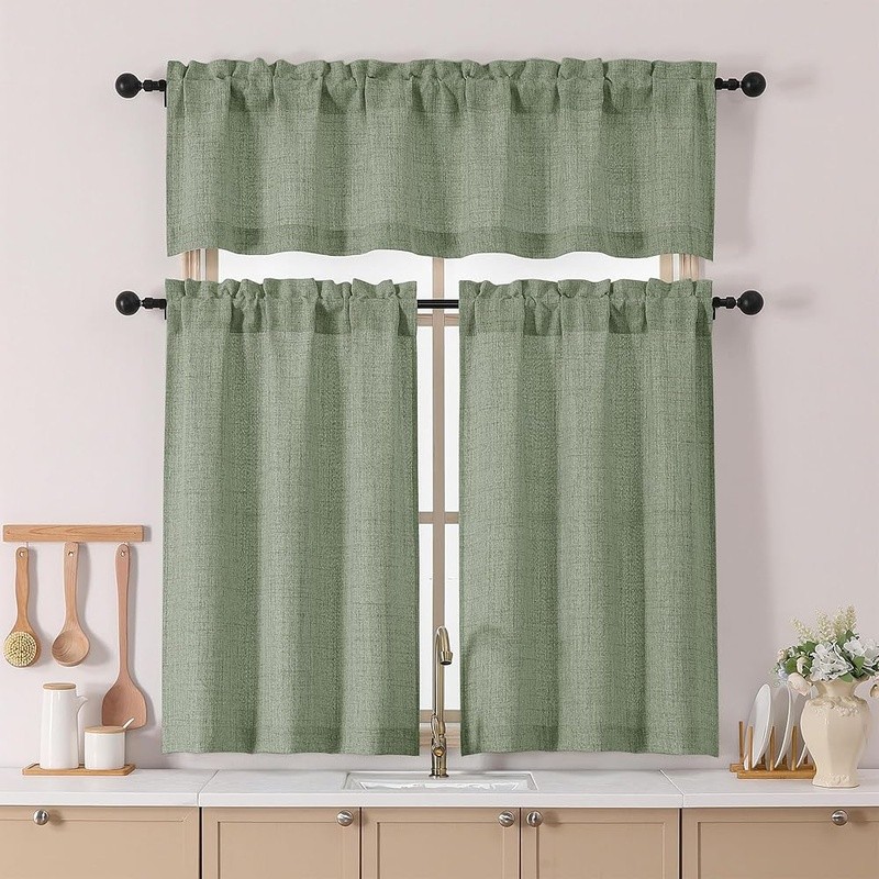 Light Filtering Faux Linen Window Curtains 2 Panels Green Machine Washable New