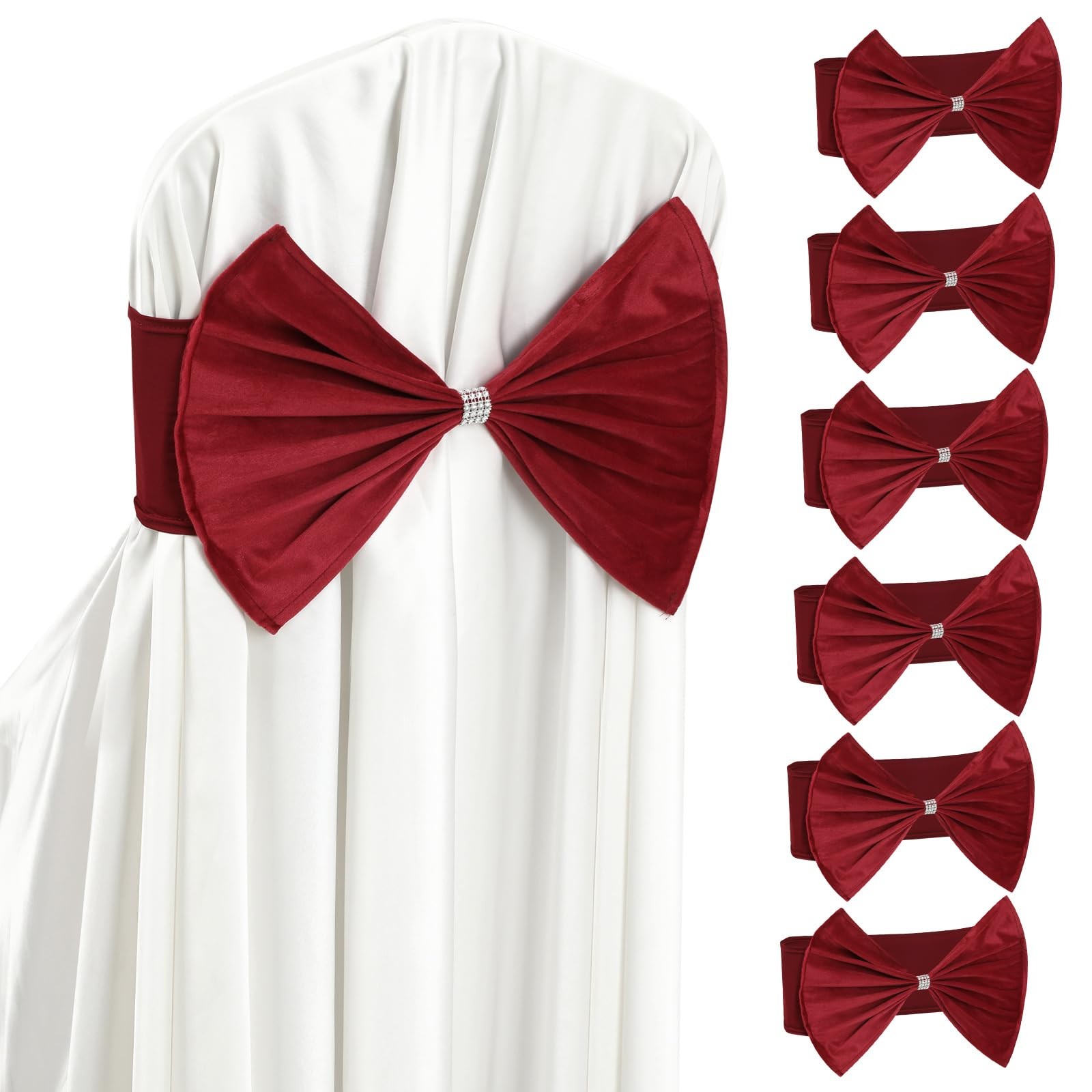 6 PCS Red Velvet Chair Sashes Bow Elastic Stretchable Band Spandex Universal