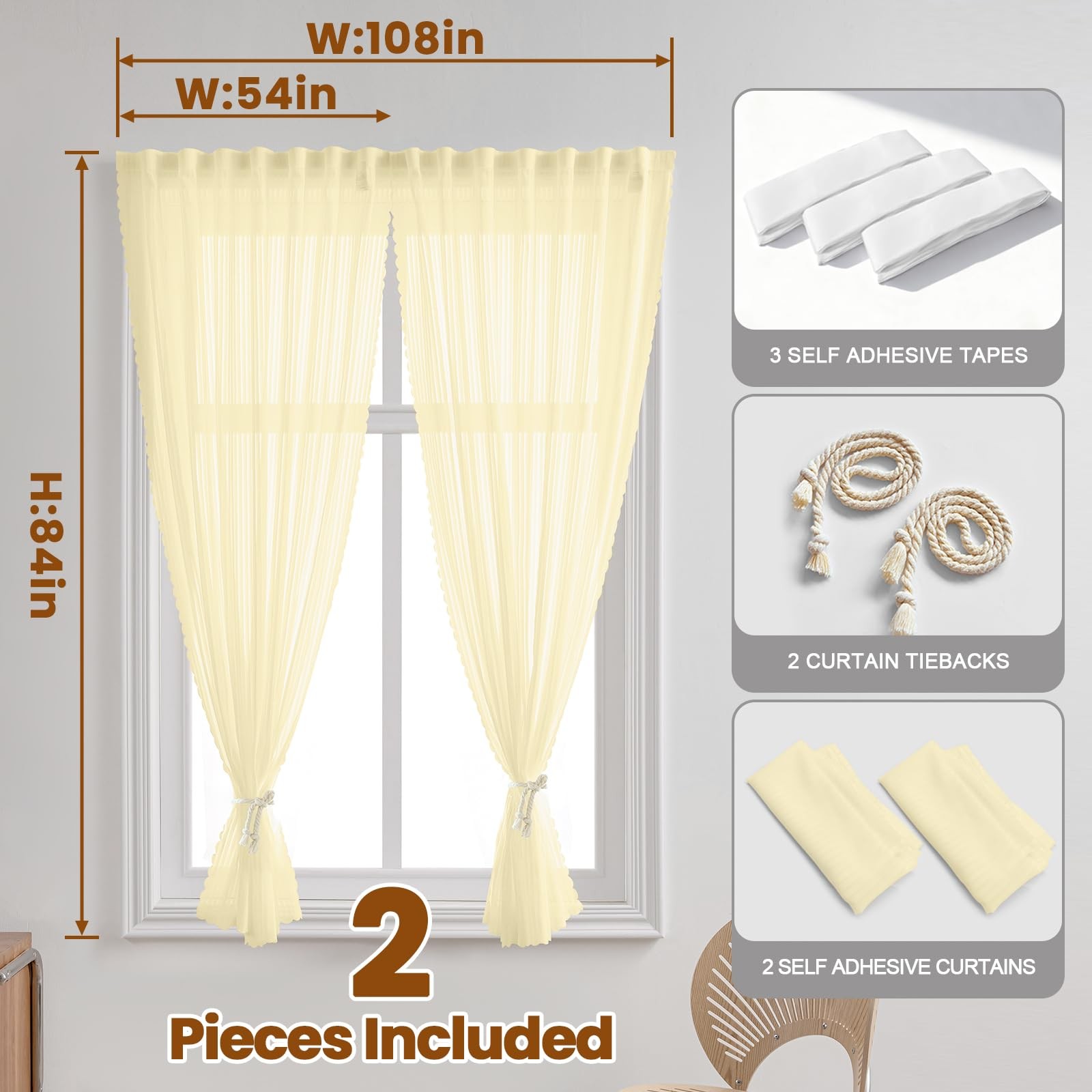 Adhesive Beige Gauze Sheer Curtains, Light-Filter Privacy Fabric, Foldable Ho…