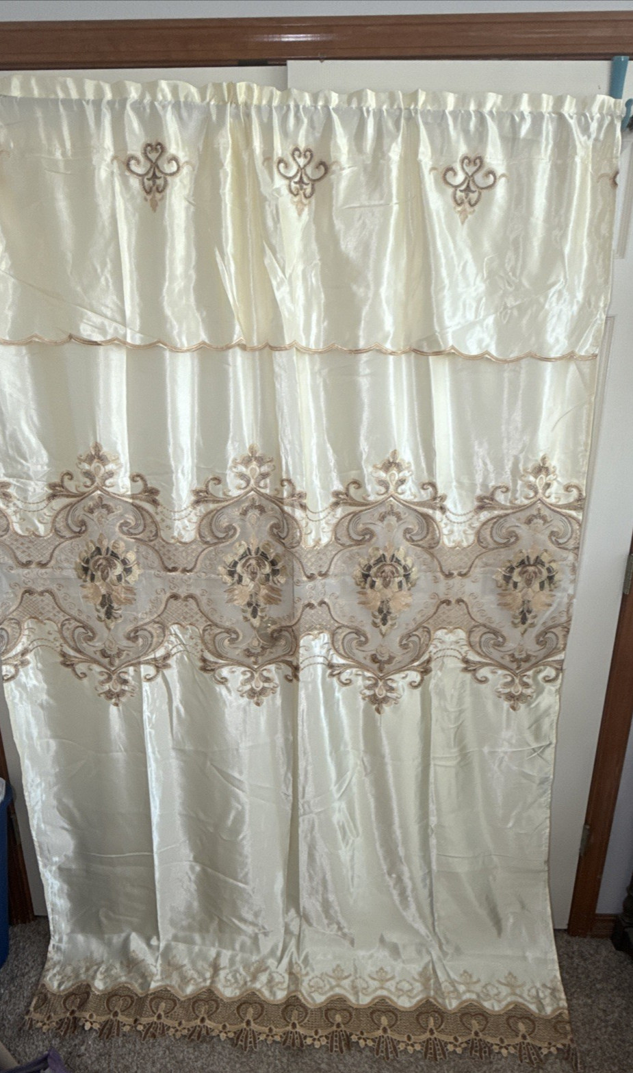 Drapes 2 Panels Beige w/ Attached Valance, Shimmer Satin, Sheer Lace 54 X 87”