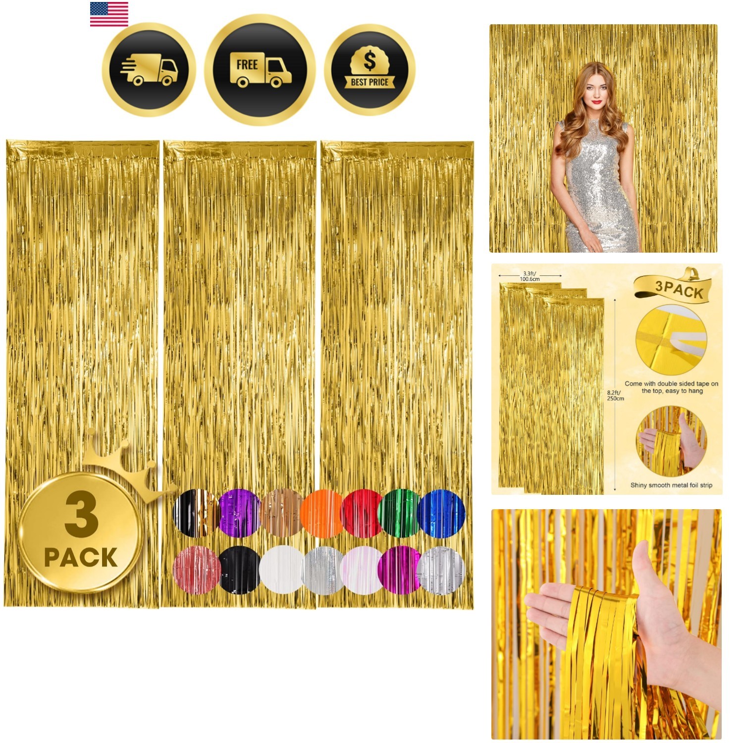 3 Pack 3.3×8.2 Feet Gold Foil Fringe Backdrop Curtains, Tinsel Streamers, Fri…