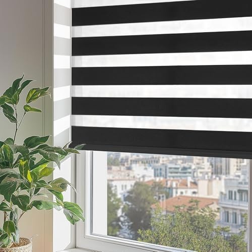 Cordless Zebra Blinds for Windows, Dual Layer Free-Stop 20″W x 72″H Black