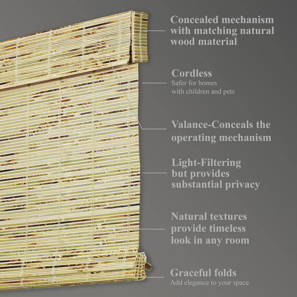 Natural Woven Light Filtering Cordless Bamboo Roman Shades for Windows, 27 In. W