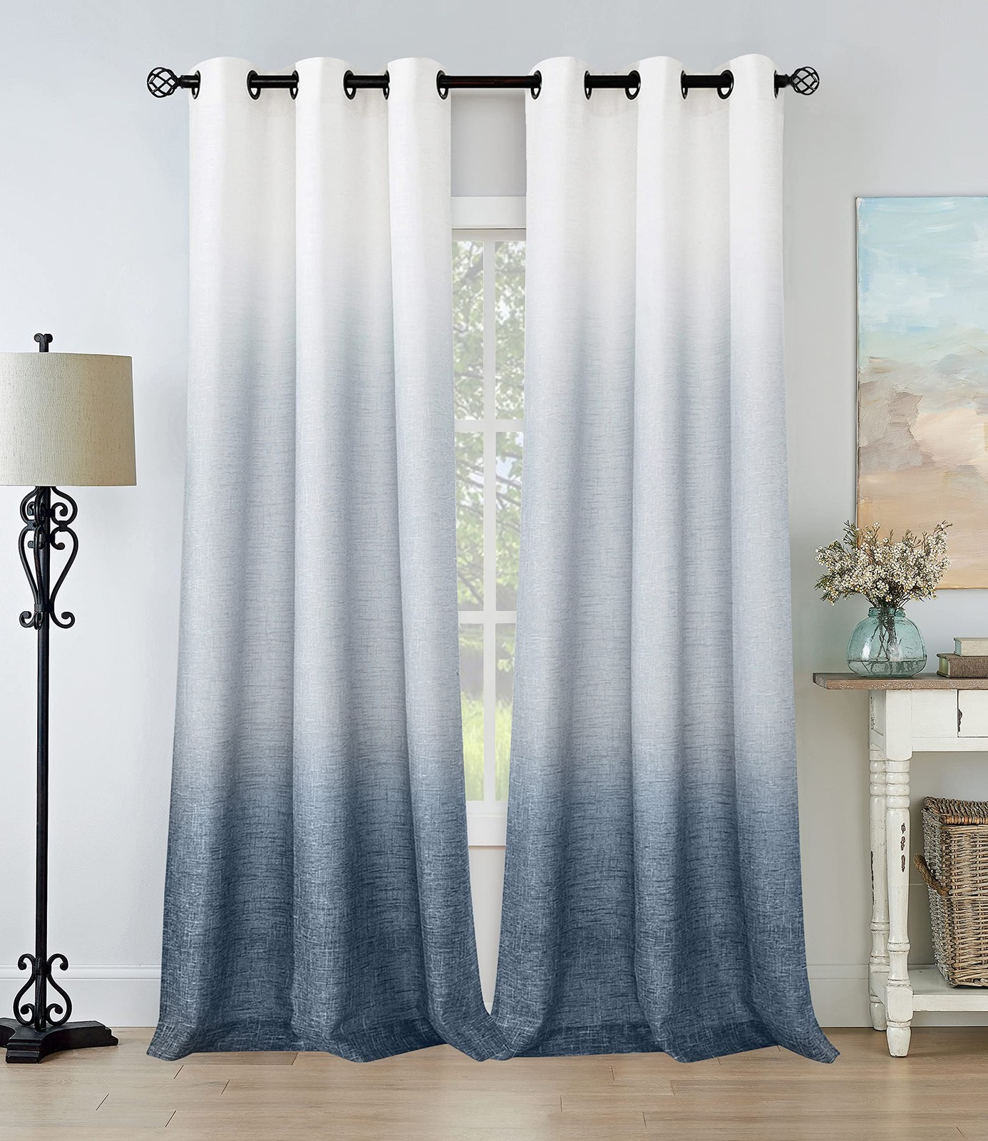 Ombre Rayon Blend Heavy Linen Texture Window Curtain Panel 6 Grommets Top Gra…