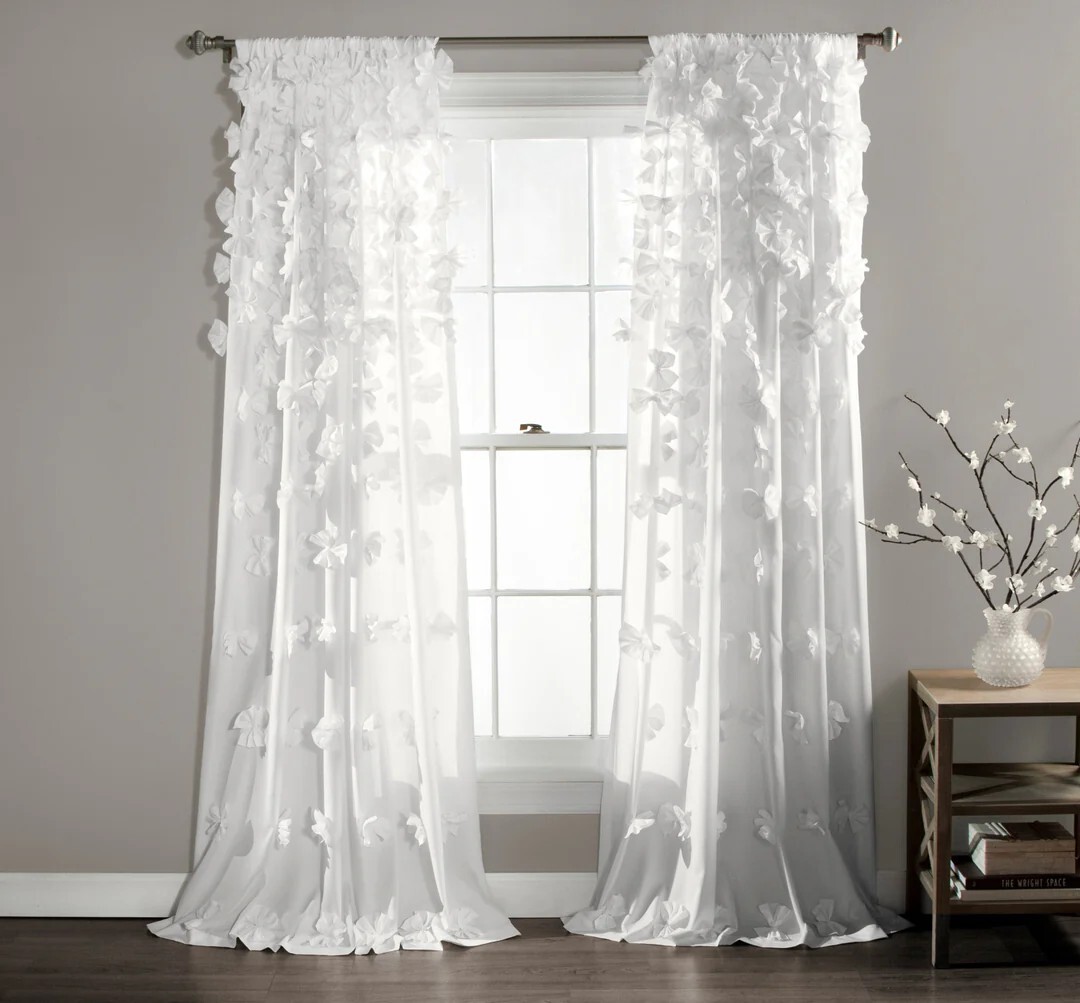 Lush Riley Curtain Panel Drape White Bows Window Treatment Bedroom 54″ x 84″