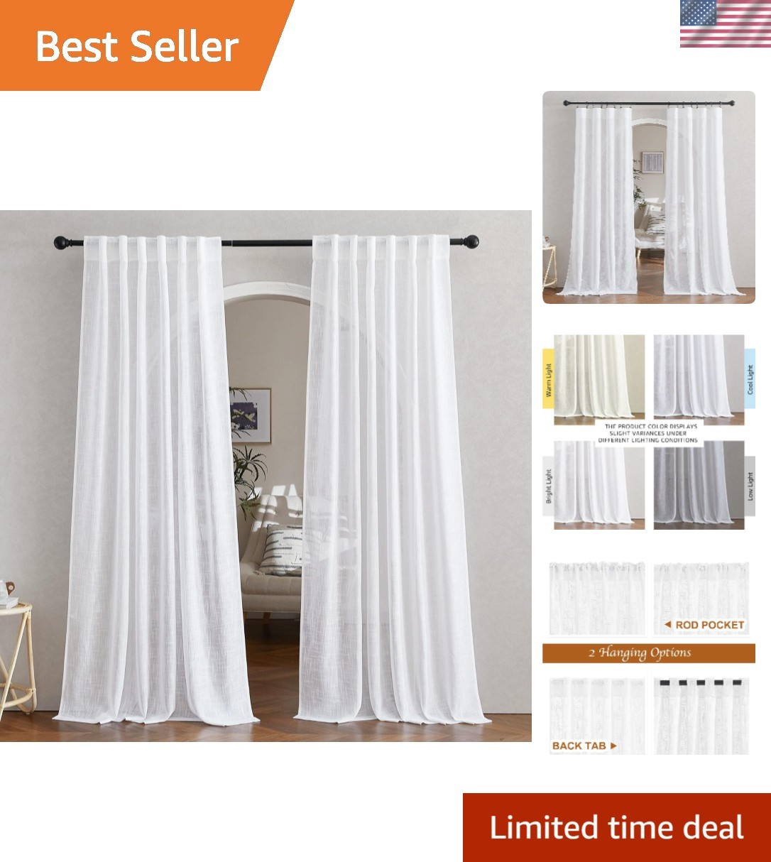 White Linen Sheer Curtains and Drapes 84 inches Long, Rod Pocket & Back Tab s…