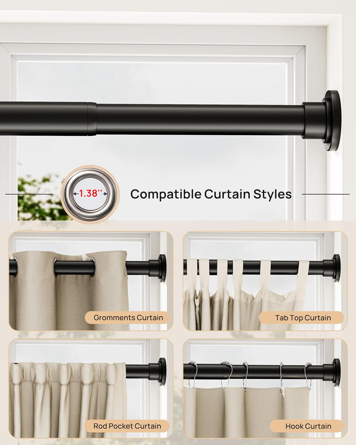 Extra Long Tension Curtain Rod No Drill by , 82–123 Inch Heavy Duty Tension Rod