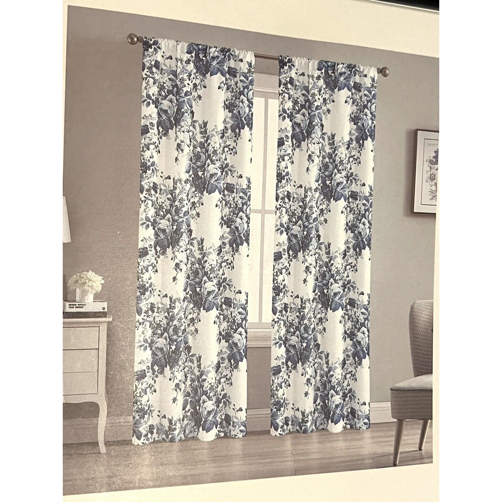 Laura Ashley Floral Blue White Roses Window Curtains 2 Panels 38×84” Joyce