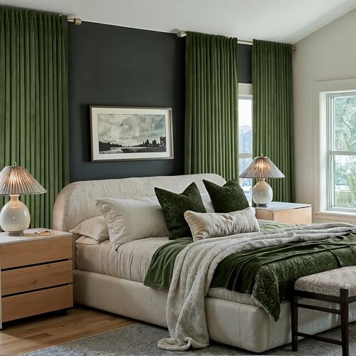Velvet Curtains 96 inches Long, Pinch 40″W x 96″L (Pack of 2) Olive Green