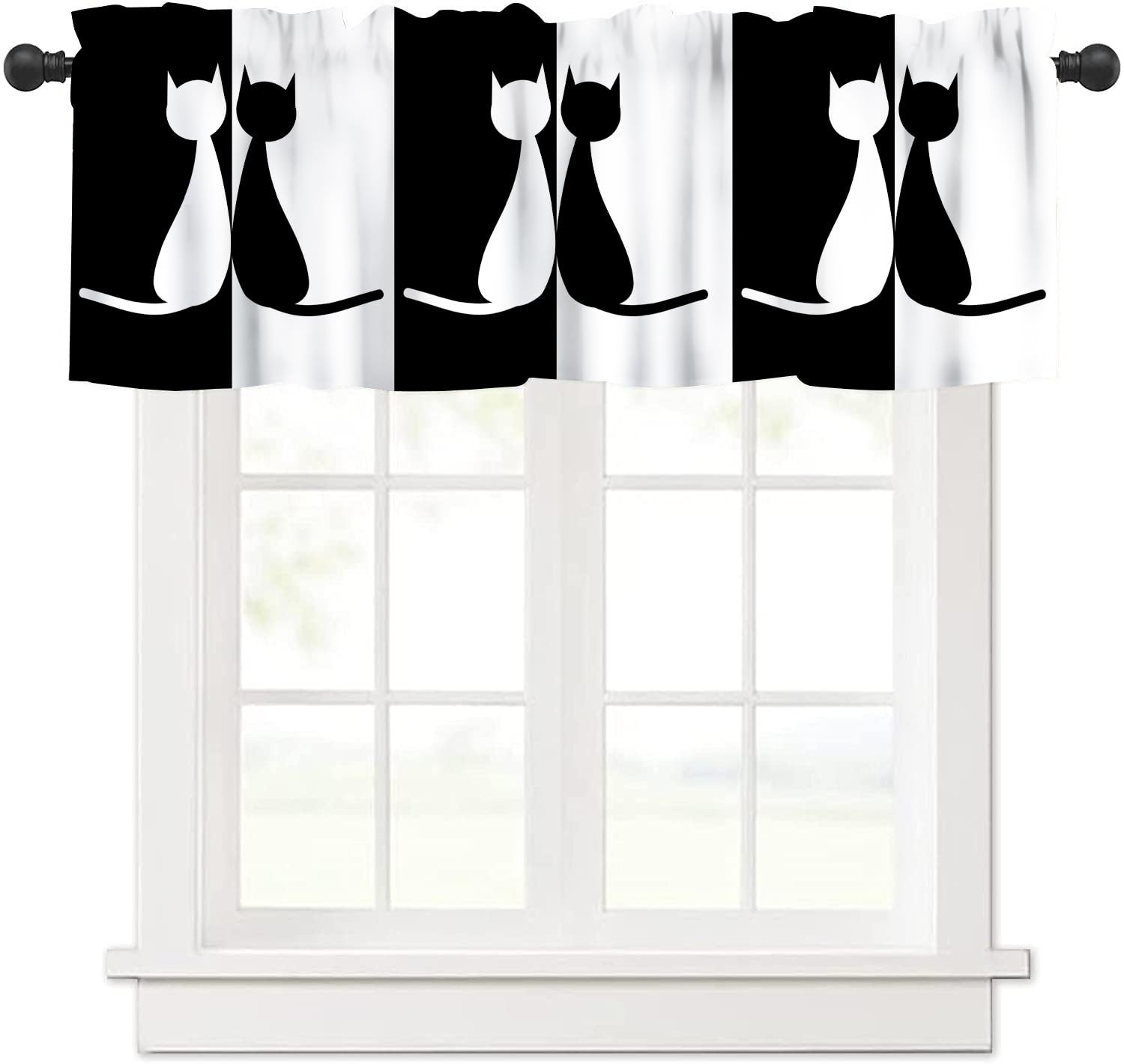 Cartoon Cat Valance Curtain,Black and White Minimalist Striped Art Cat Window…