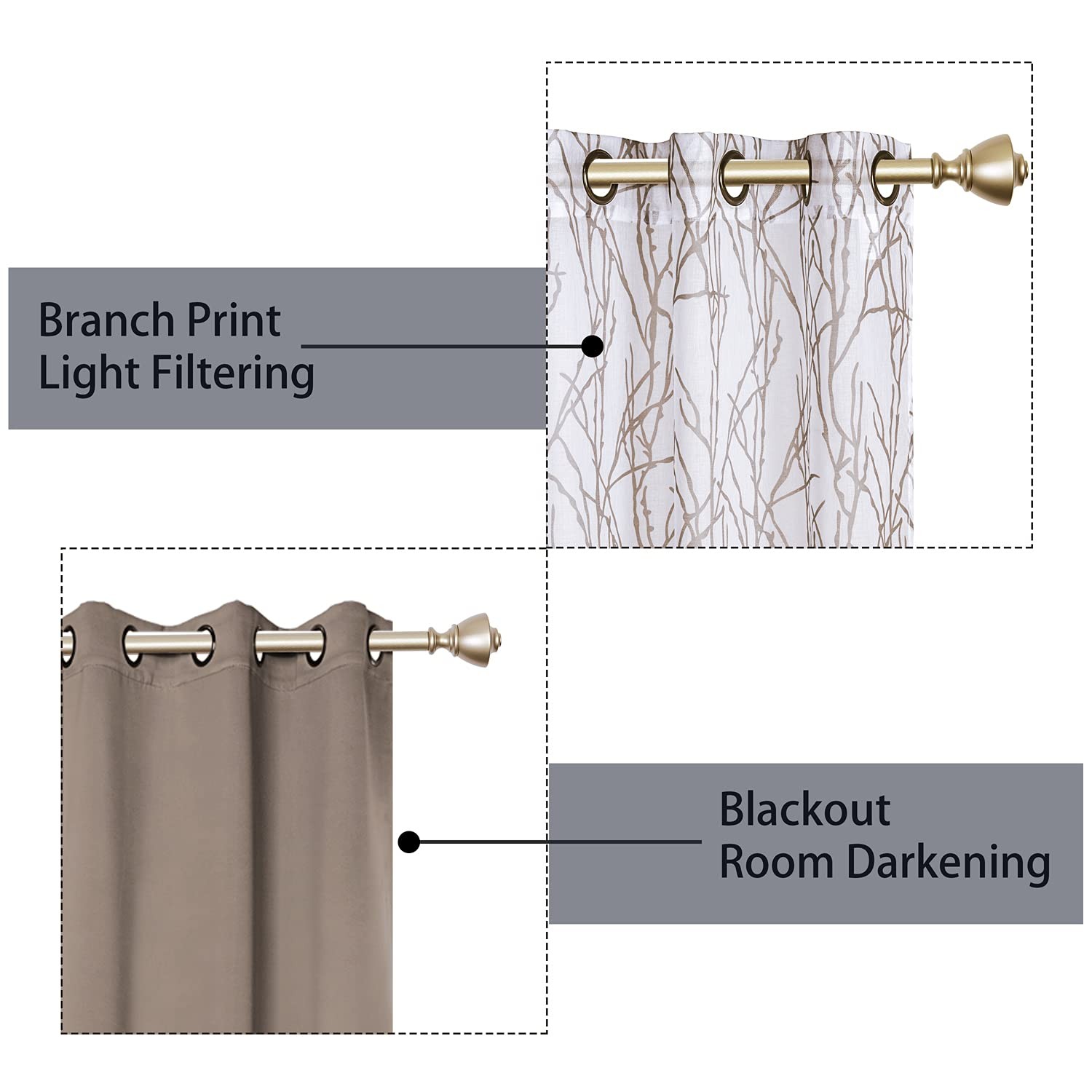 Bonzer Mix And – 2 Pieces Branch Print Sheer And 2 Pieces Blackout For