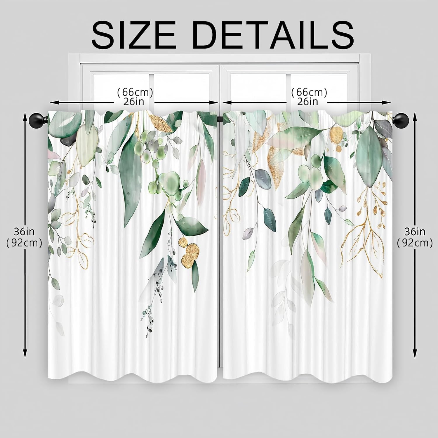 26x36Inch Sage Green Gold Eucalyptus Botanical Small Kitchen Curtain Treatment
