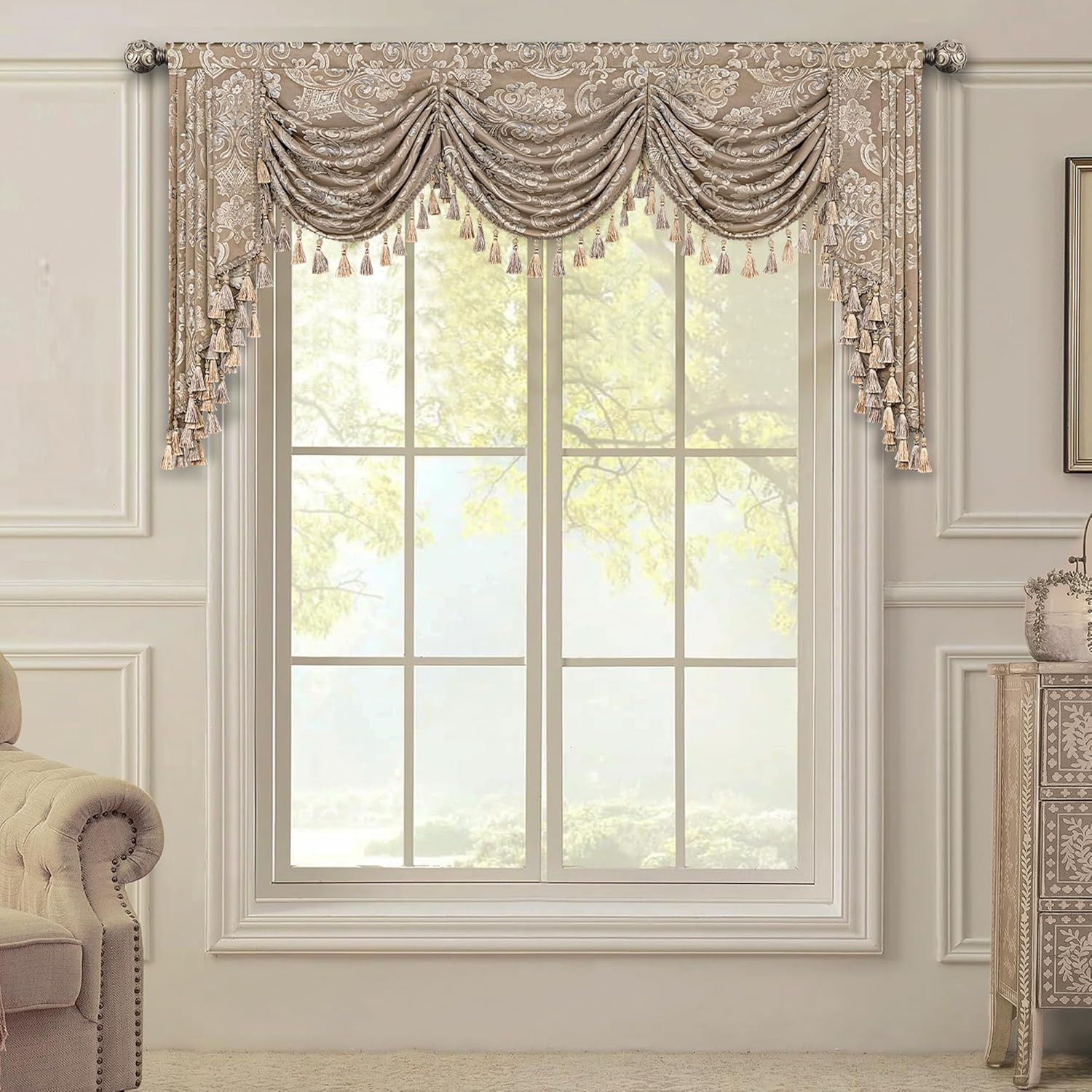 Elegant Jacquard Waterfall Valance with Tassels for Living Room & Bedroom