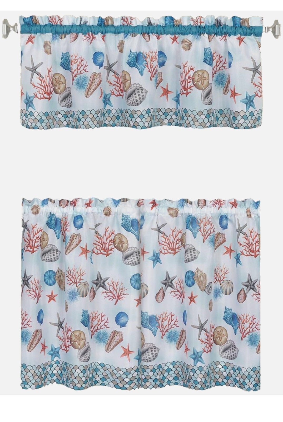 3 PC Kitchen Curtain Set COASTAL Shells Coral Sand Dollars 57”x13.5” and 36”x28”