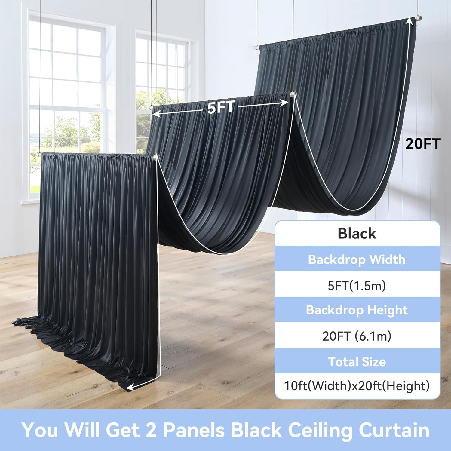 10ft x 20ft Black Ceiling Drapes for Weddings, Parties & Events – 2 Panels
