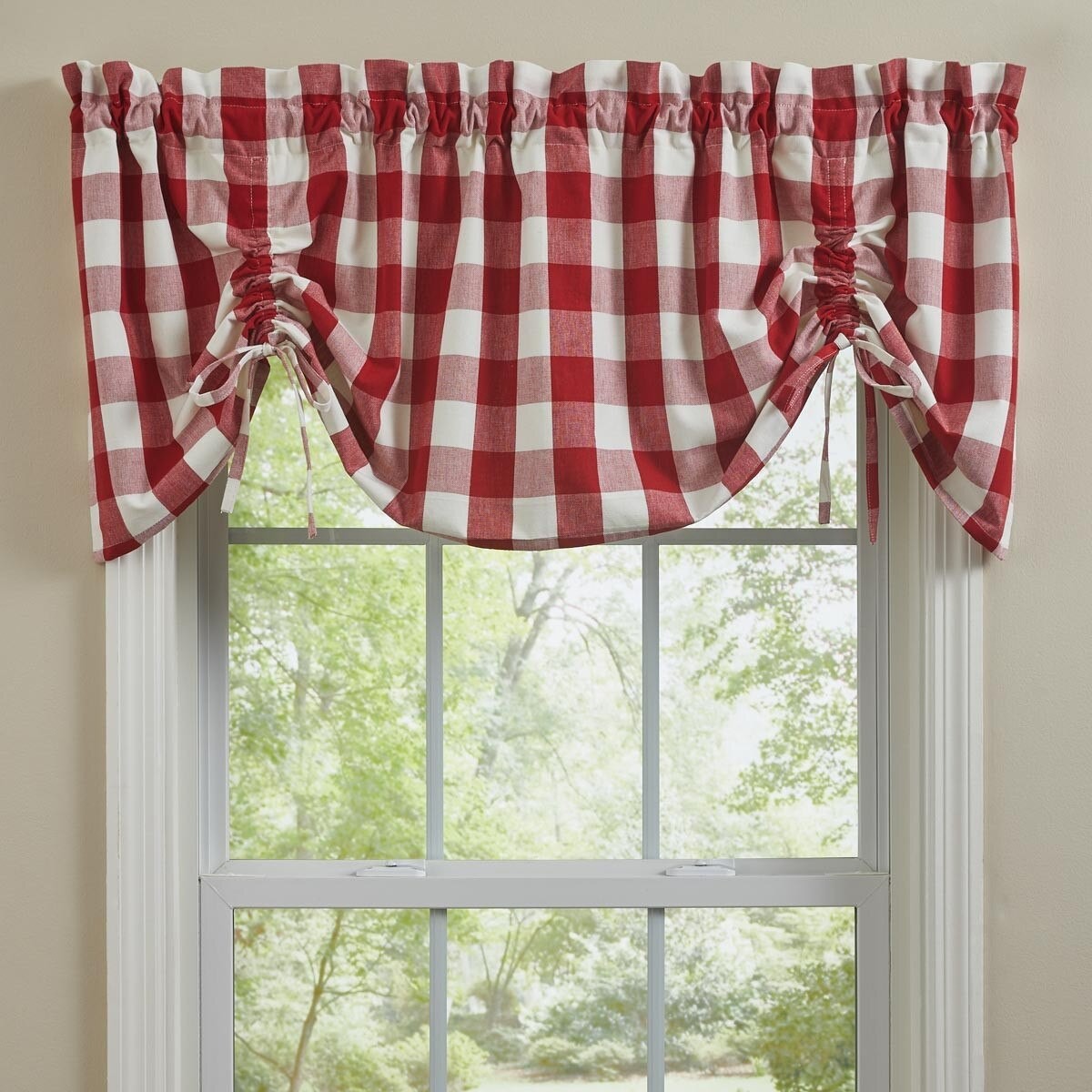 WICKLOW CHECK LINED FARMHOUSE VALANCE, RED AND CREAM CHECKERED, NEW, 60X20