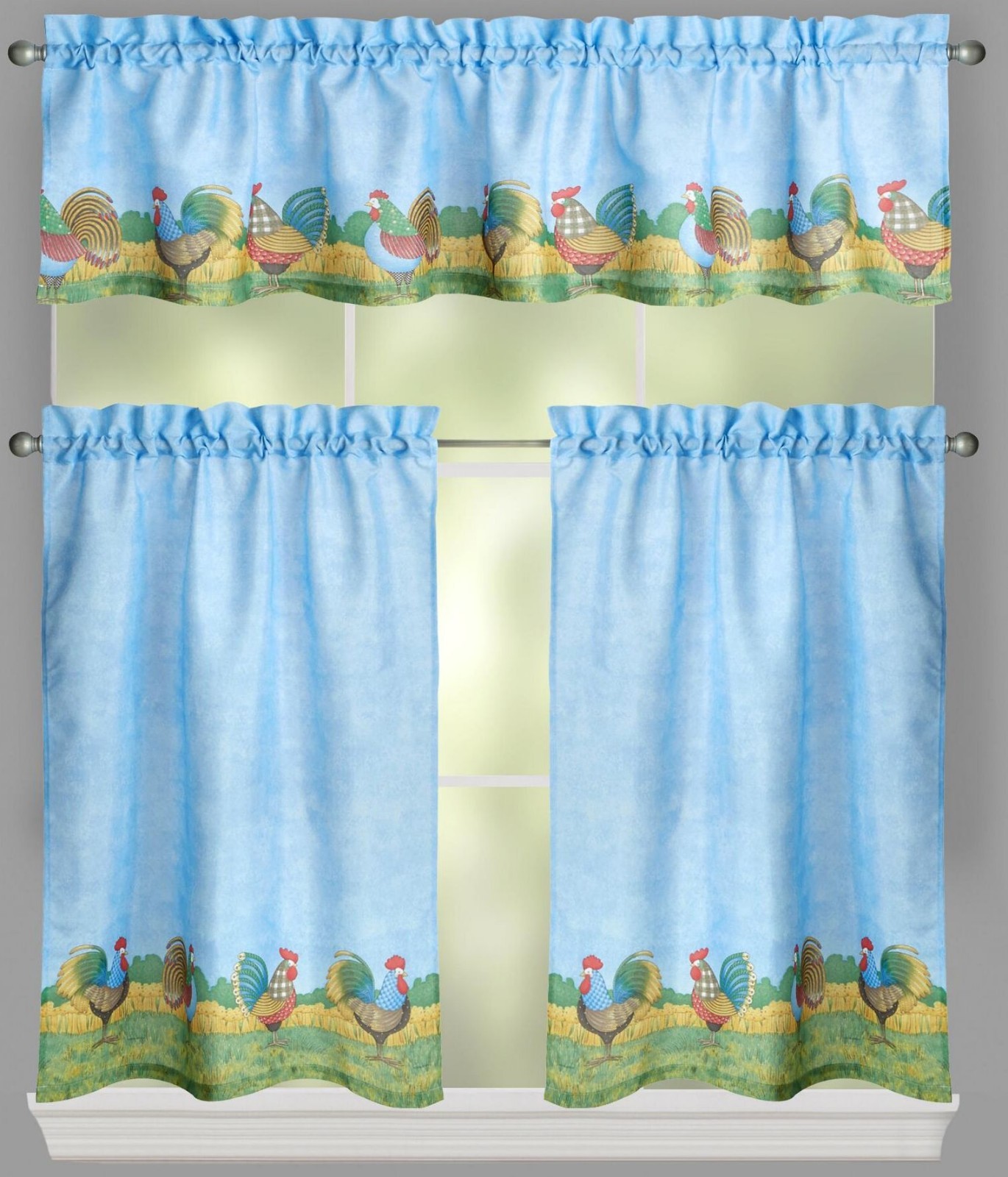 3 pc Curtains Set: 2 Tiers (28″)& Valance (56″x14″) COUNTRY ROOSTERS,Debbie Mumm