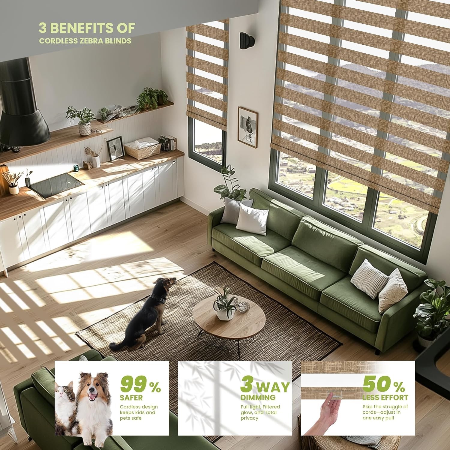 34″ x 72″ Cordless Zebra Shades Brown Dual Layer Window Blinds Light Control