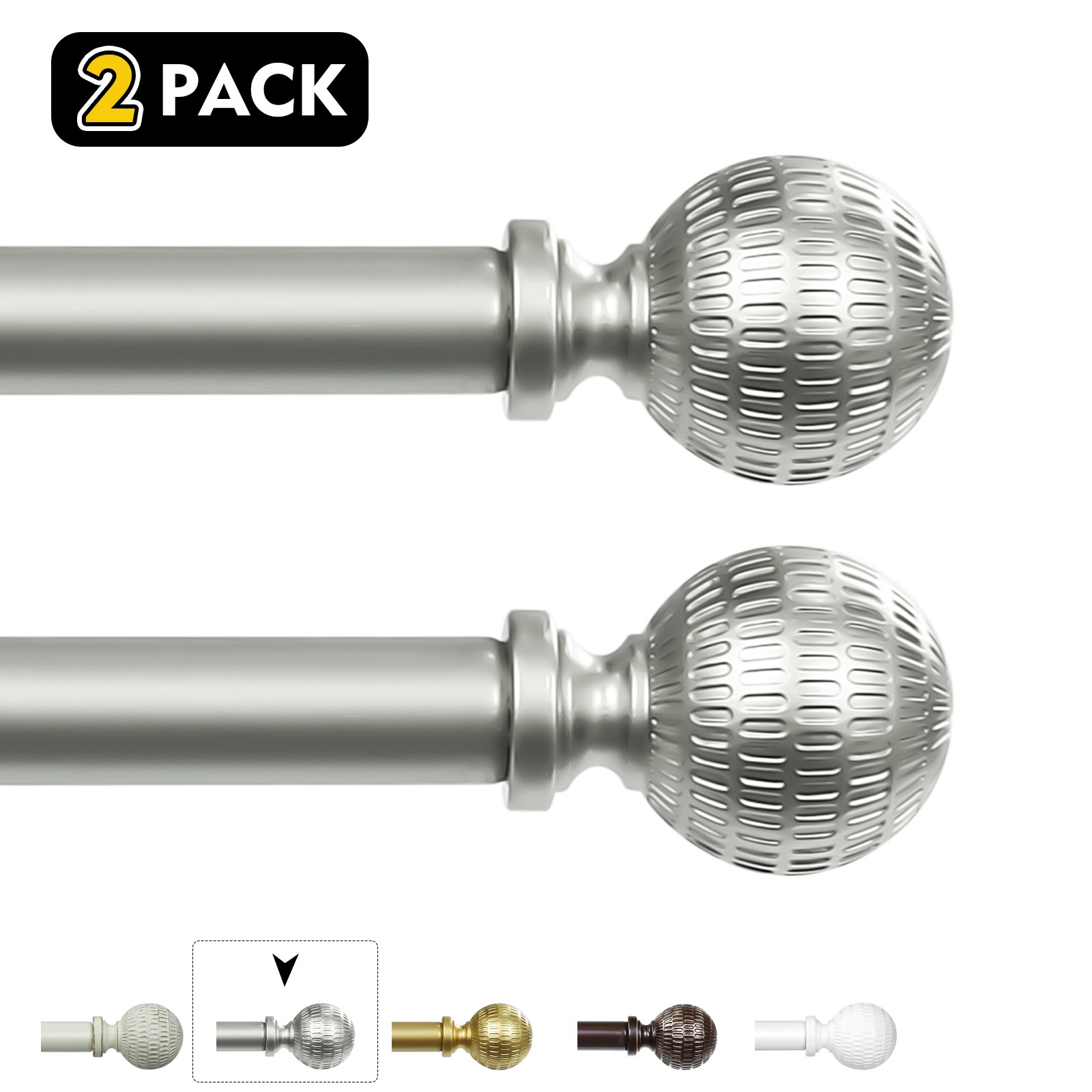 1-2Pack 5/8″ Single Telescoping Curtain Rod W/ Reticulated Ball Finial, 28″-120″