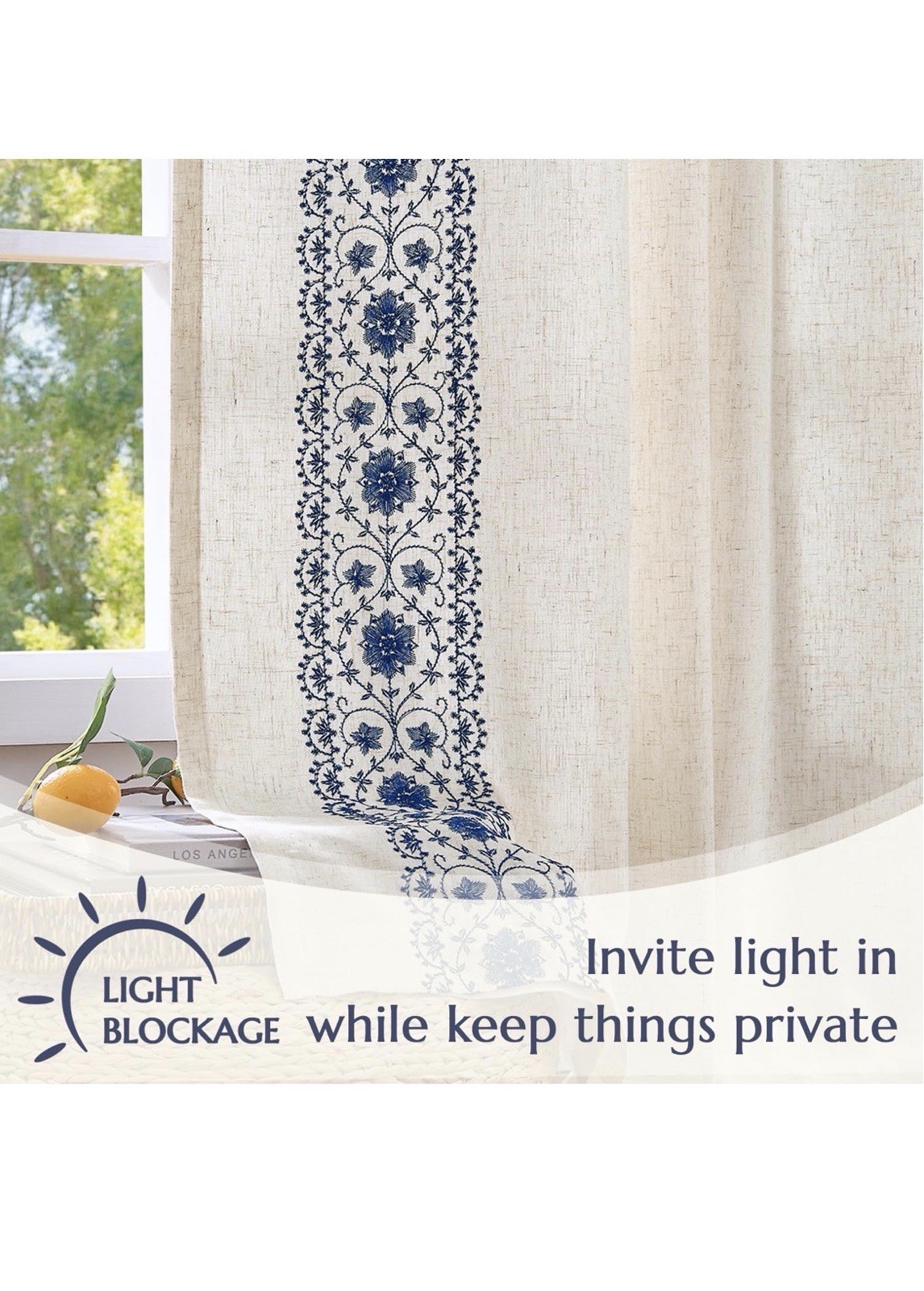 Floral Linen Curtains w Lining Back Tab 50x84in 2 Panels Blue Light filtering