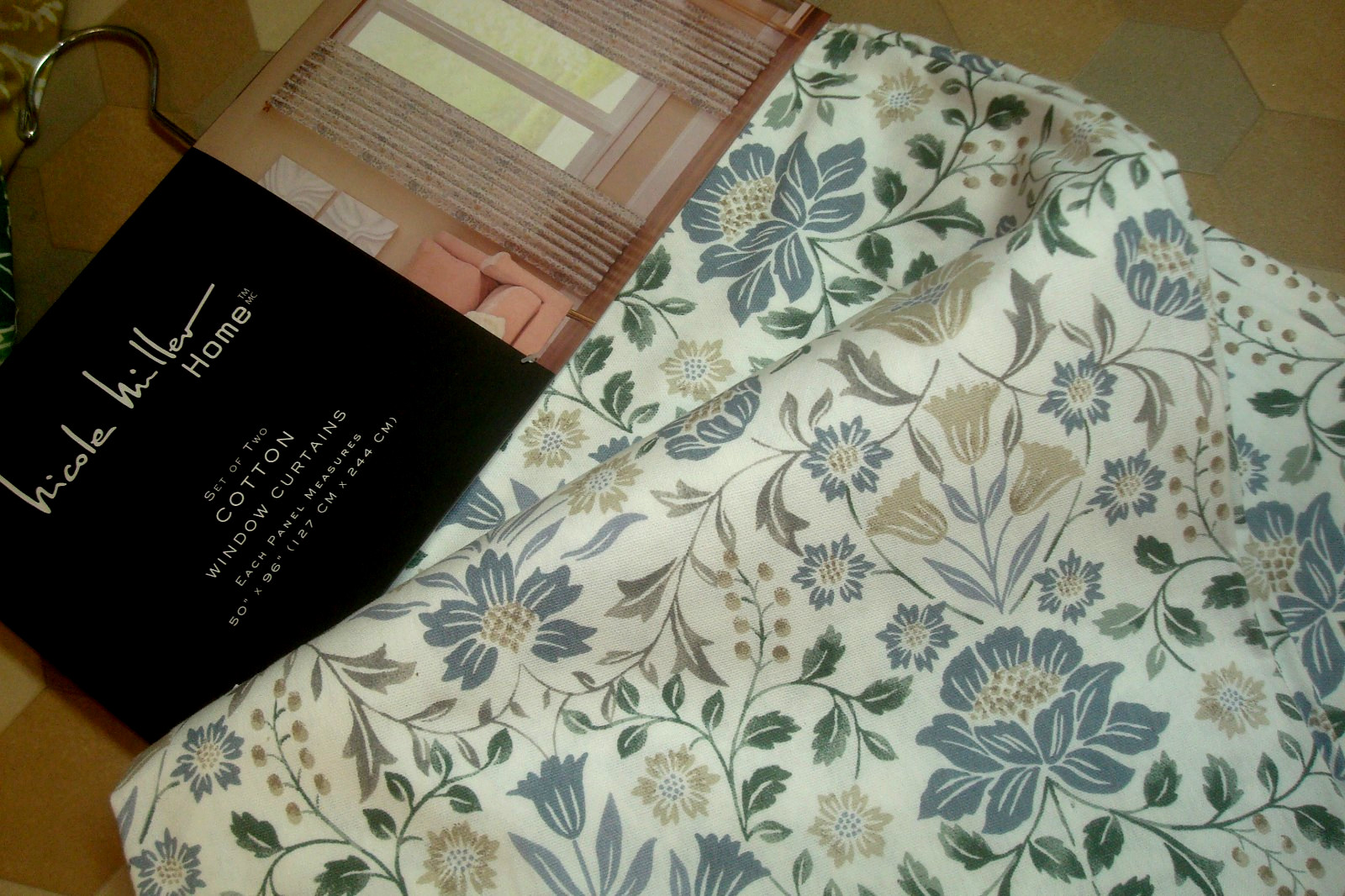NWT Nicole Miller 2 pc Window Curtains Damask Cotton Floral Blue ea 50″ x 96″ lg