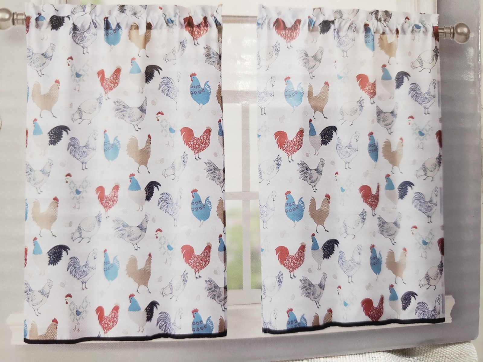 3pc Curtains Set:2 Tiers (28″x36″)& Valance (56″x15″) MULTICOLOR MODERN ROOSTERS