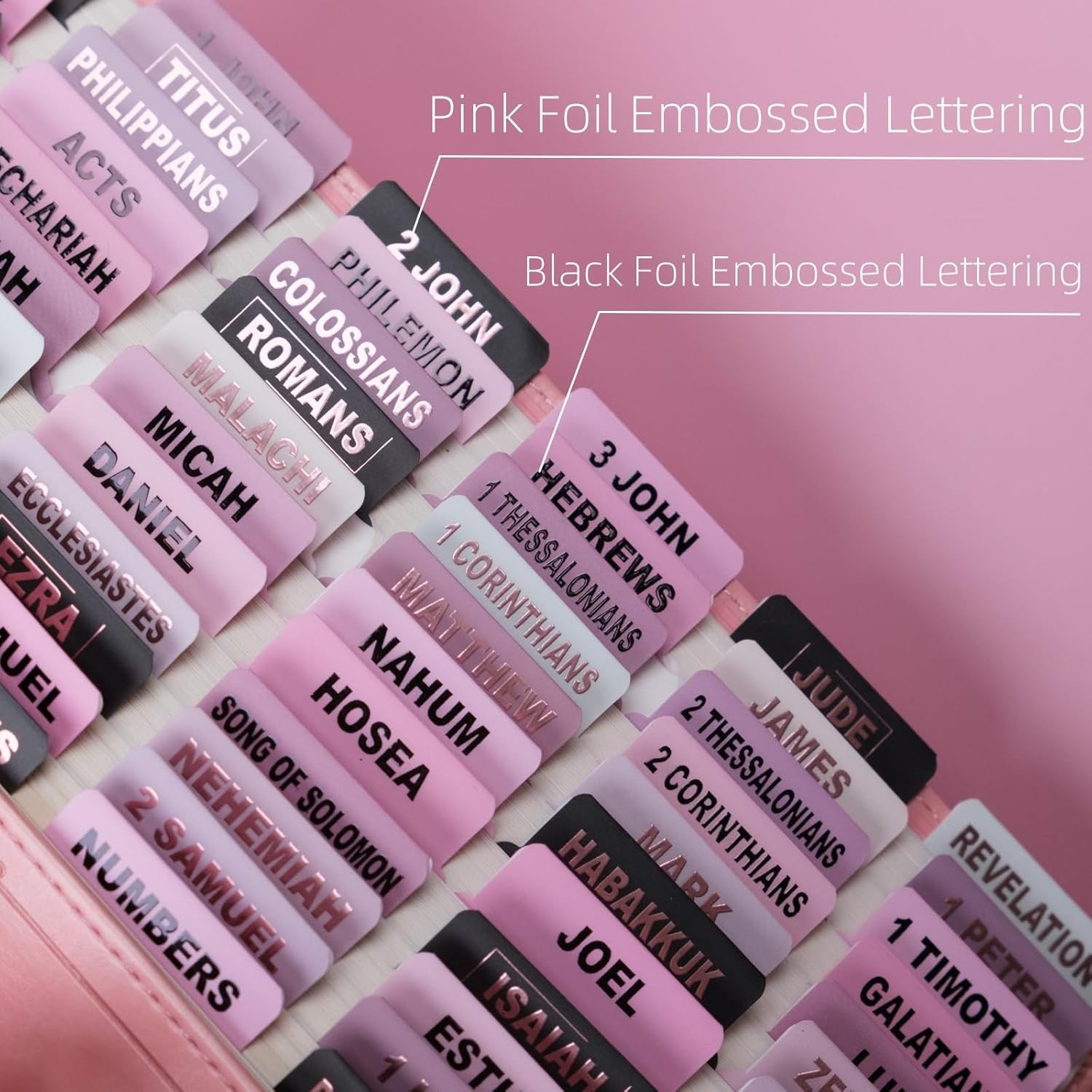 UPAFEXXI-Laminated Bible Tabs (Pink and Black Foil Embossed Lettering), Pink1