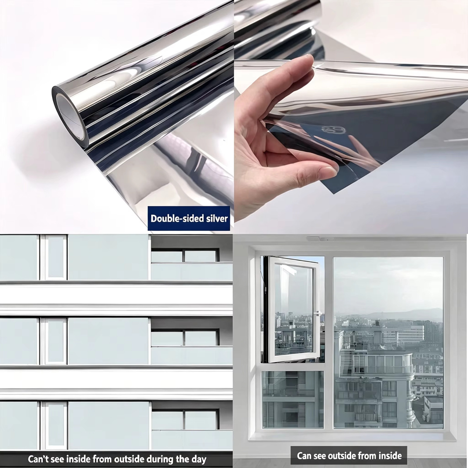 Silver 50x100cm One Way Mirror Privacy Window Film Heat Control Glass Sticker