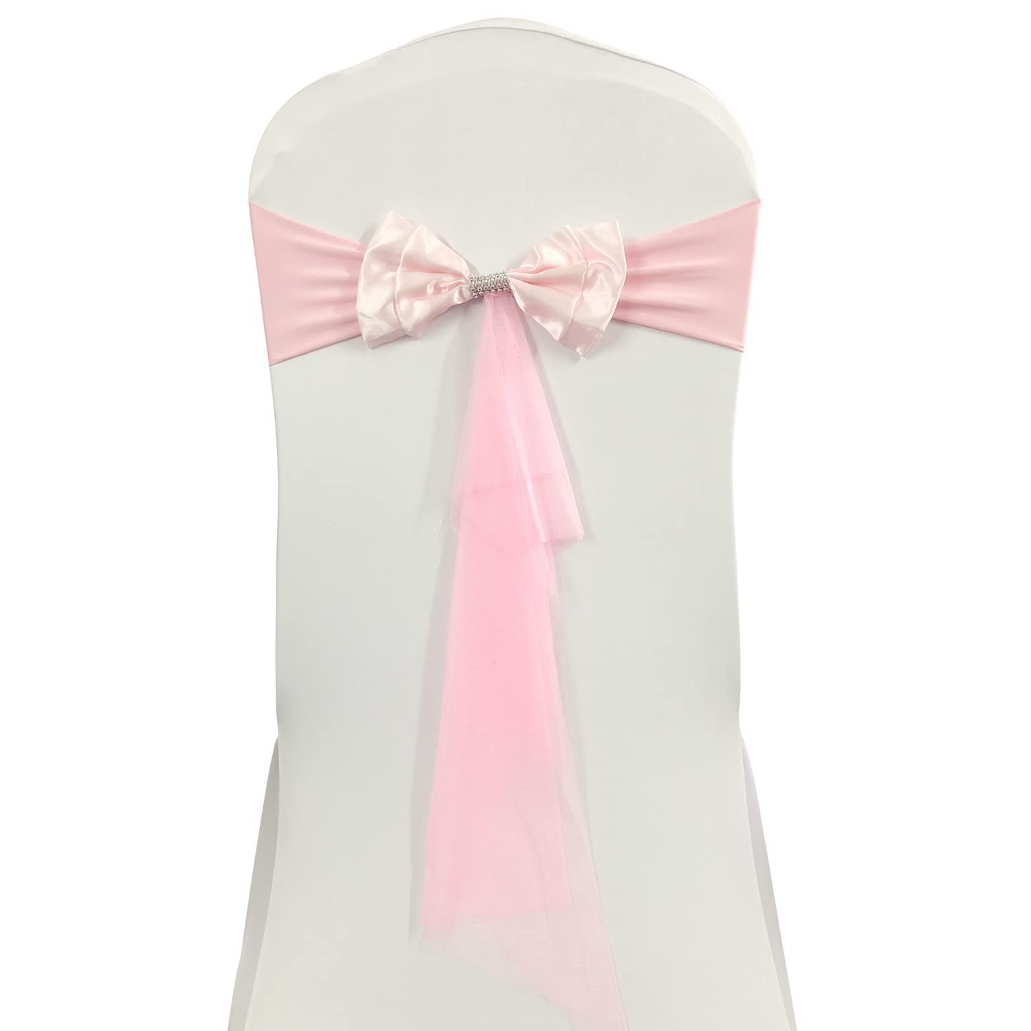 10 PCS Pink Spandex Stretch Chair Band Double Satin Bows Sashes Wedding